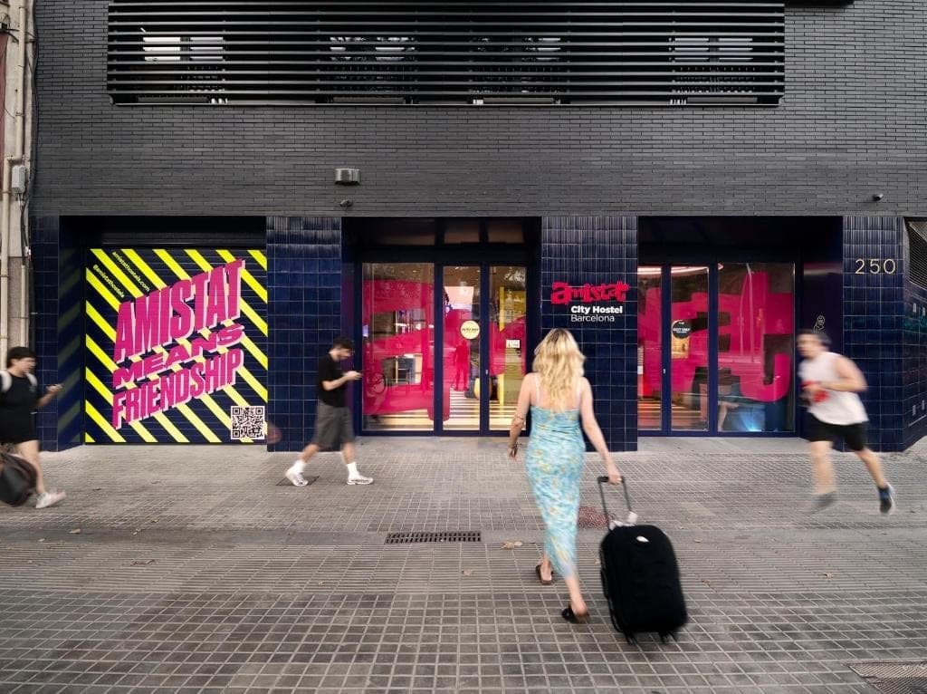 Hostel entrance on the street in daylight