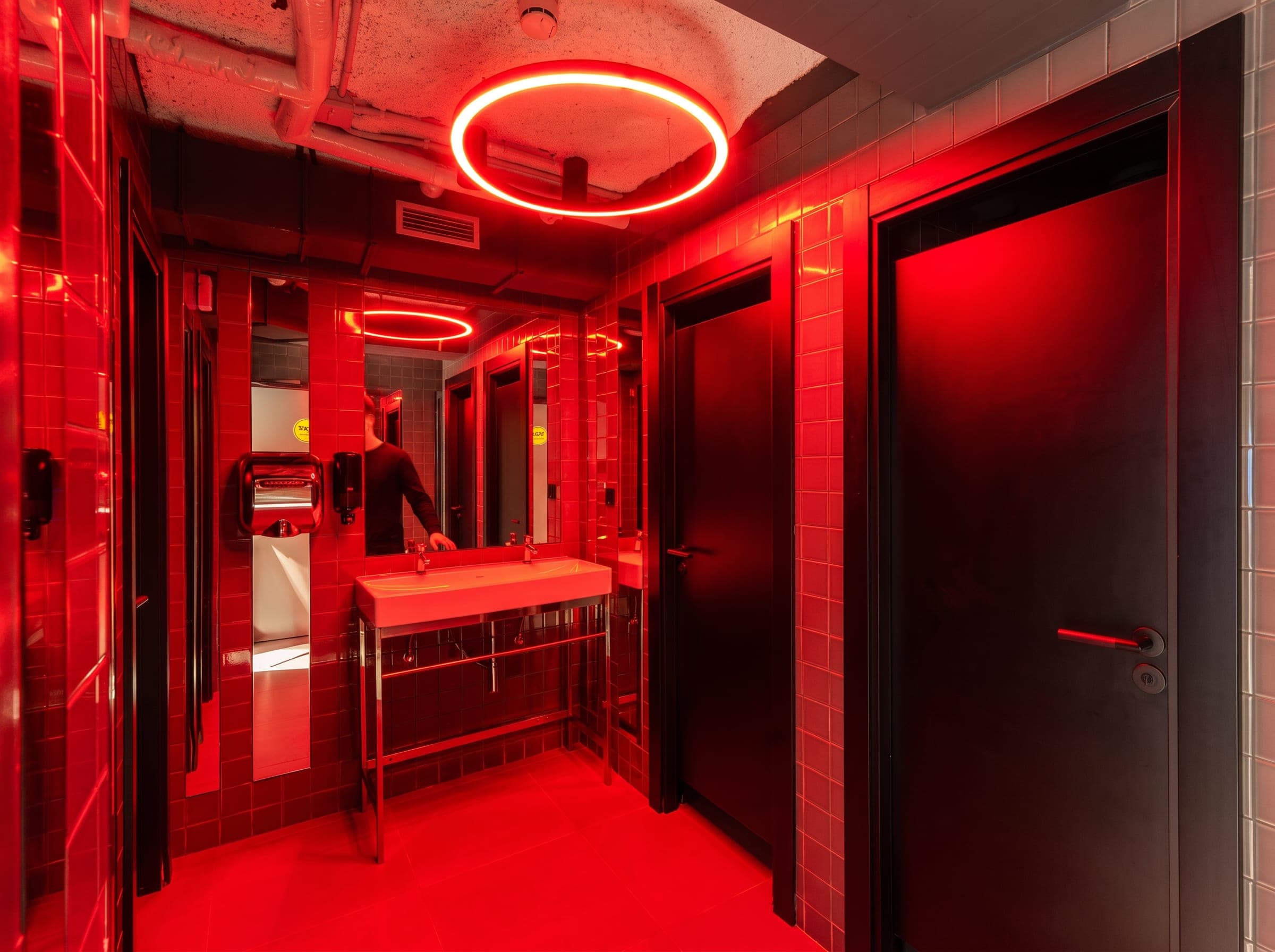 Red tiled washrooms lit by circular fixtures