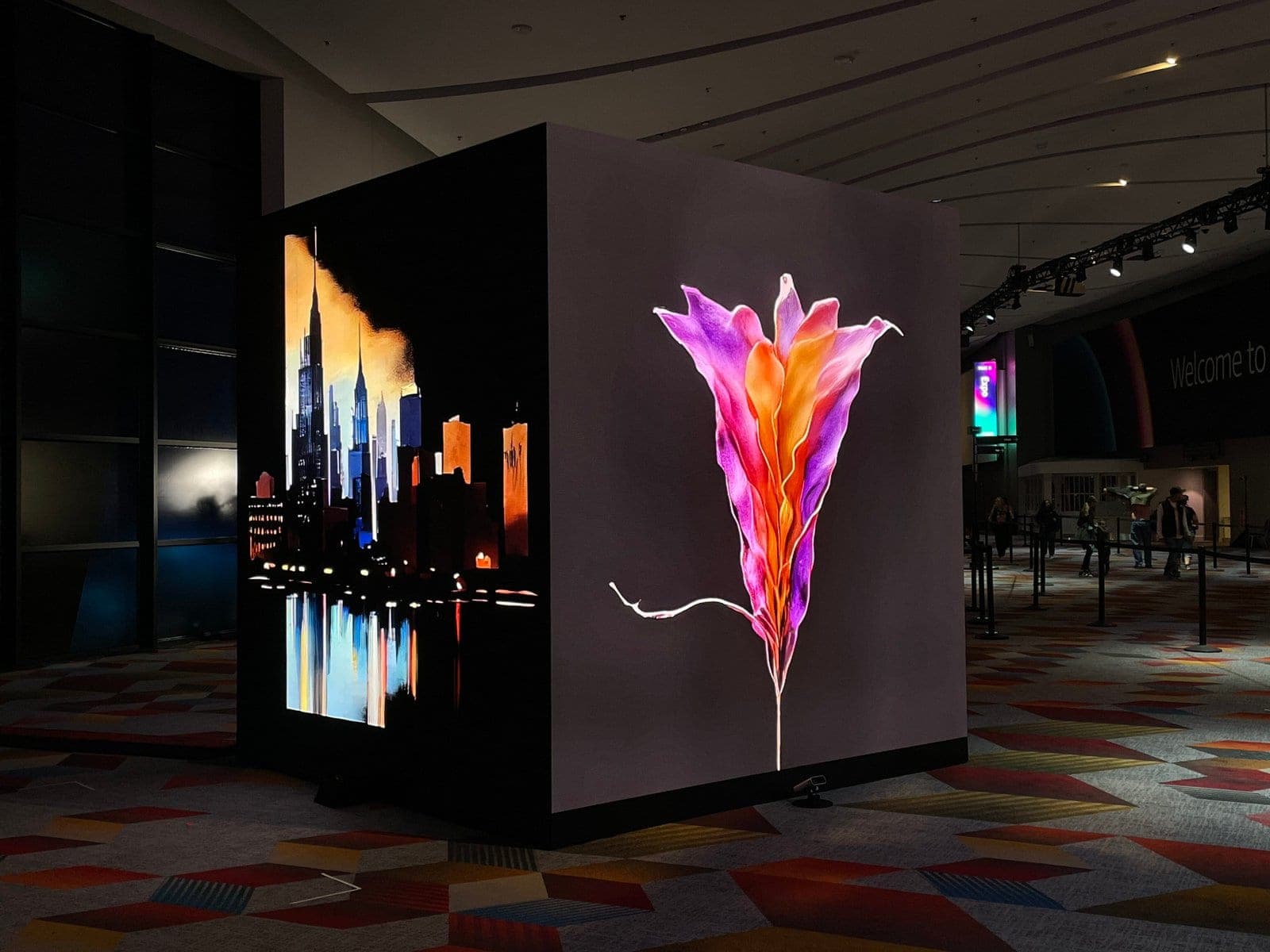 Corner view: night skyline and an orchid on two faces