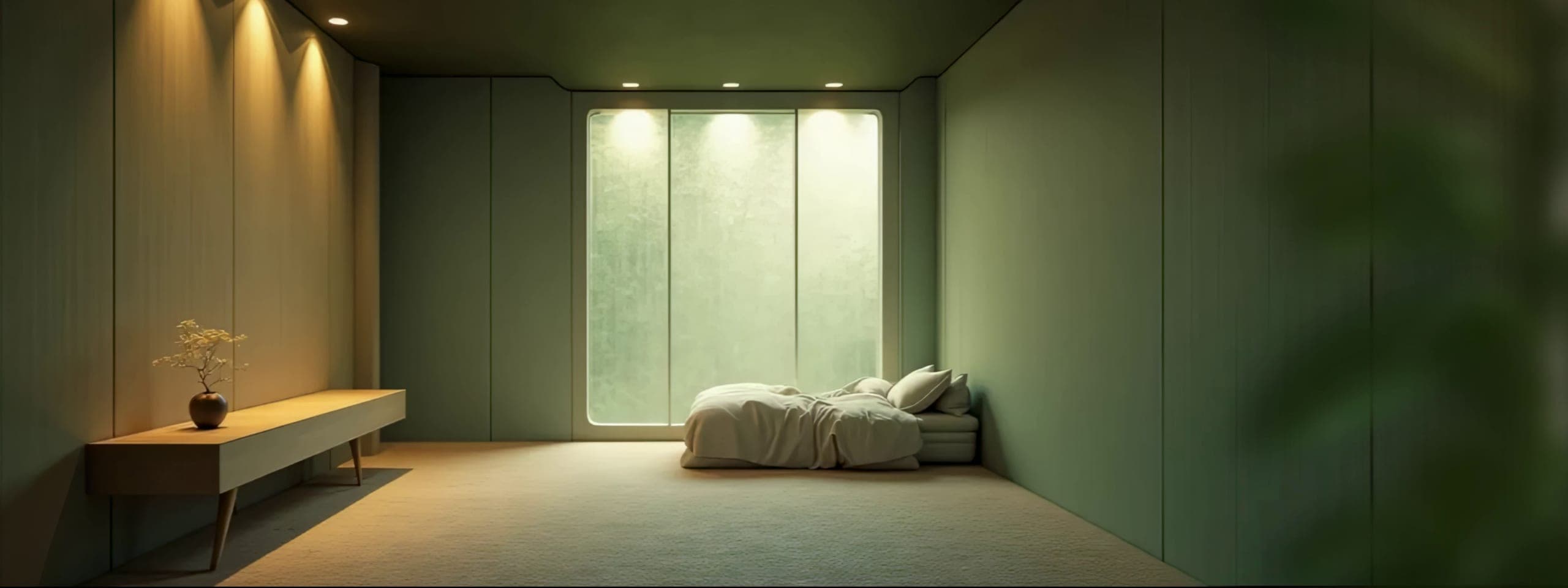 Green bedroom with a lit alcove
