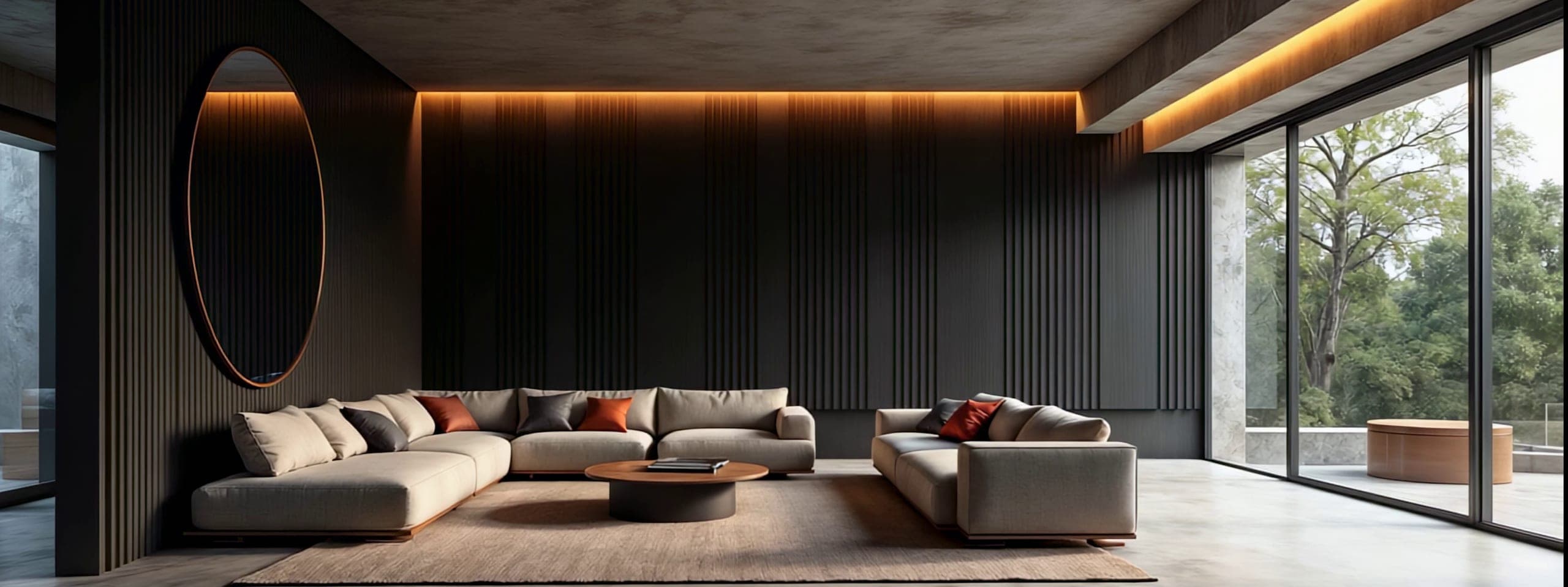 Dark modernist interior across the three displays