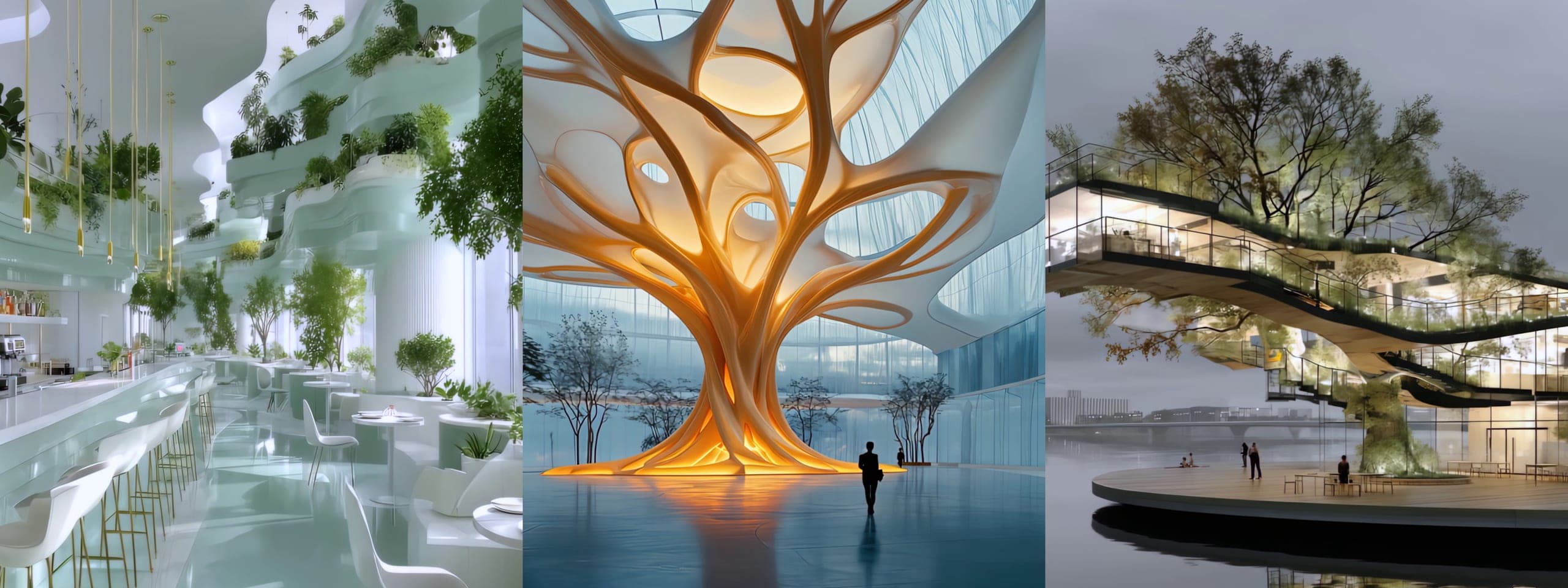Three parallel green architecture scenes