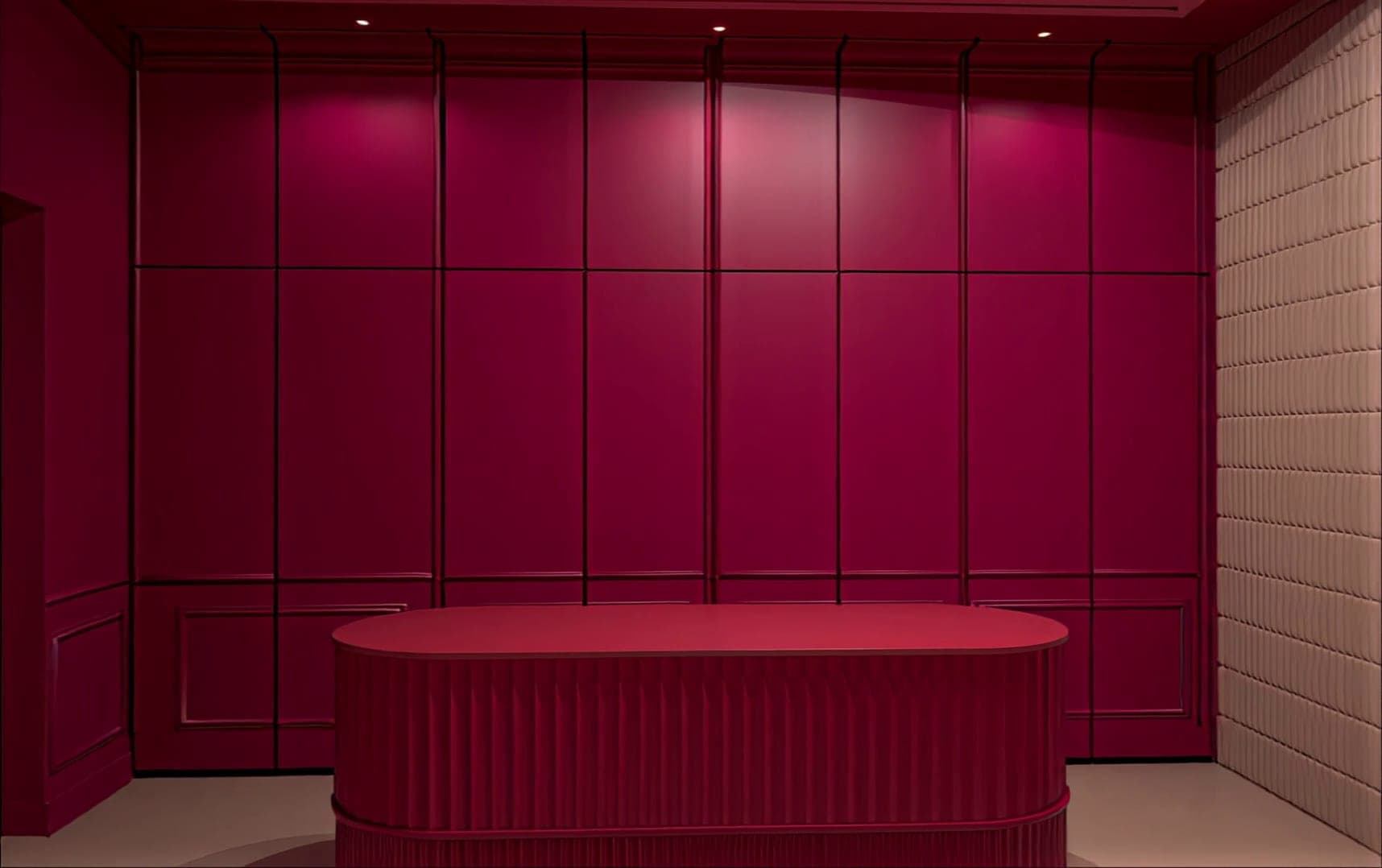 Magenta panelled room with a fluted bench