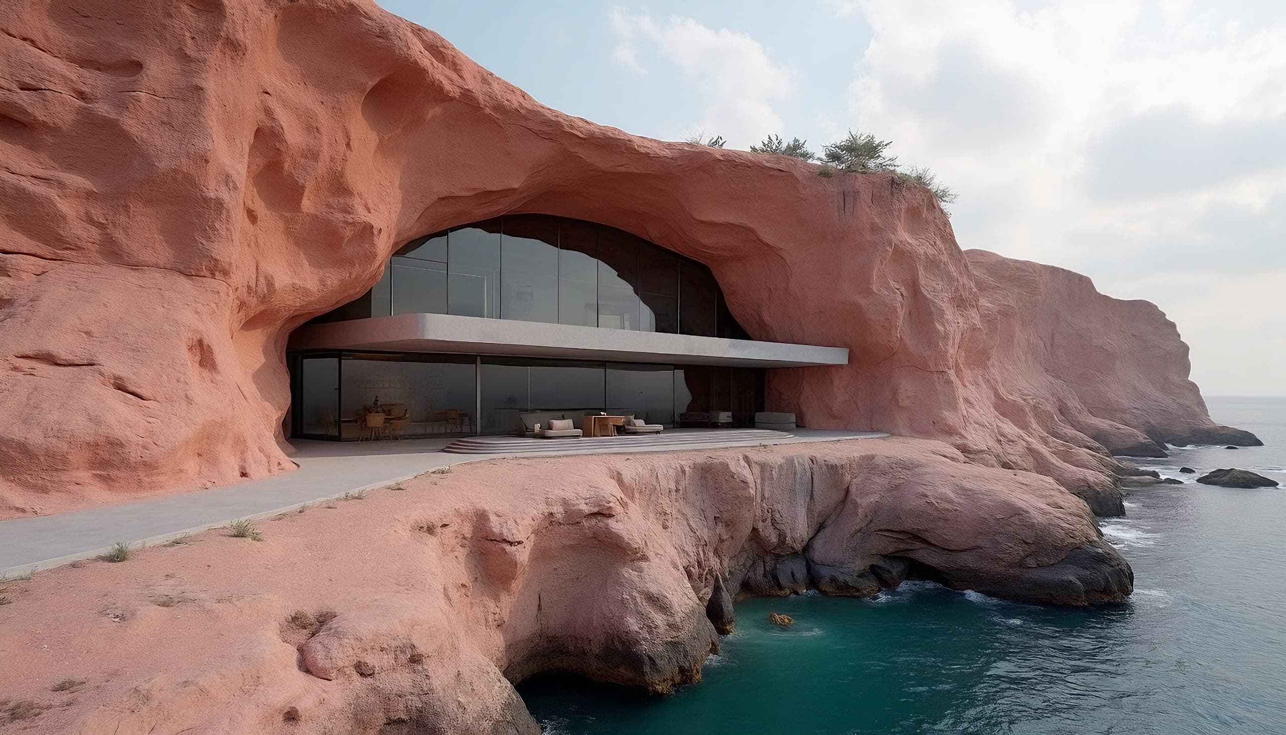 Floating slab under a rock arch by the sea