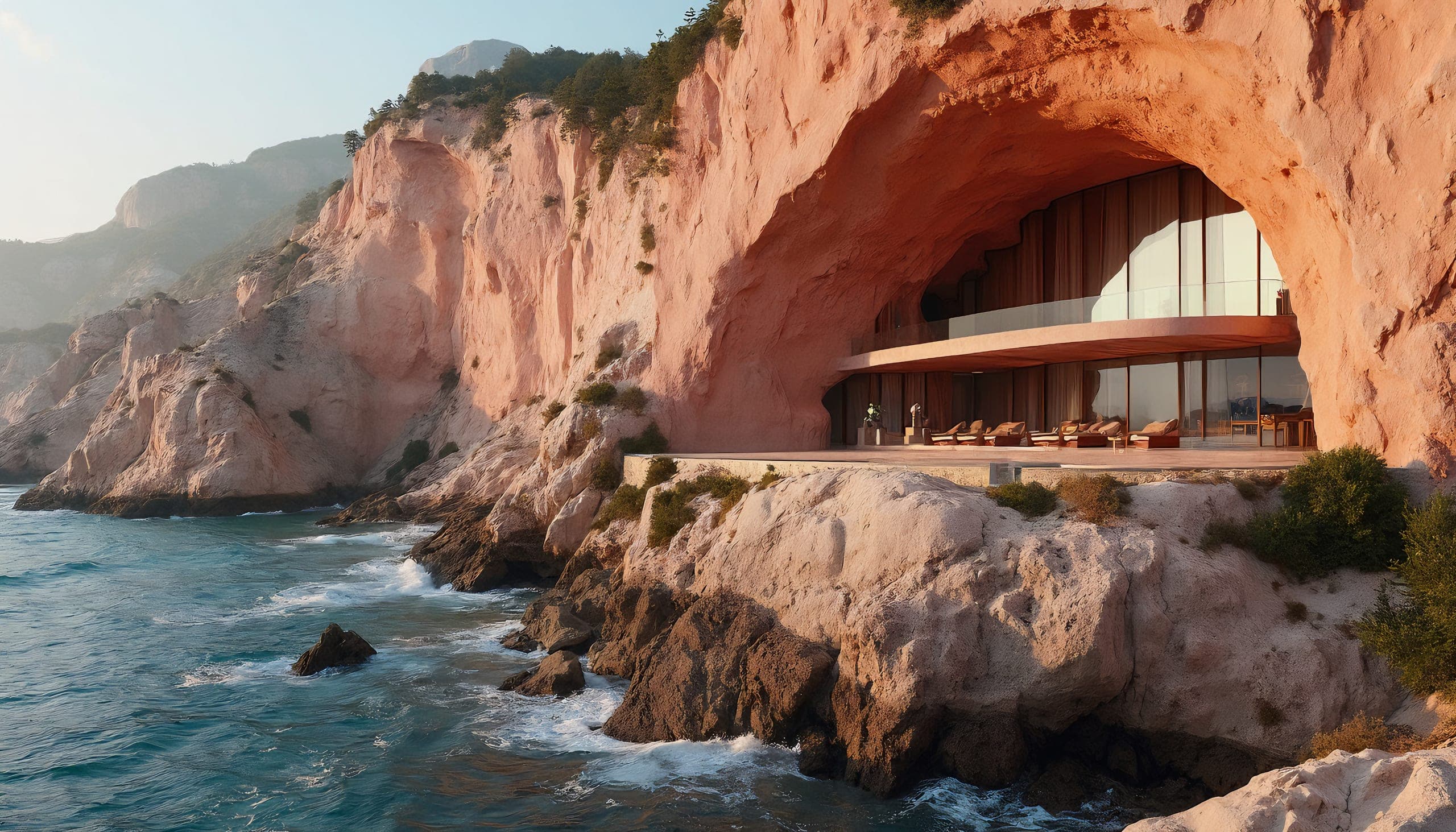 Dwellings carved into pink sea cliffs