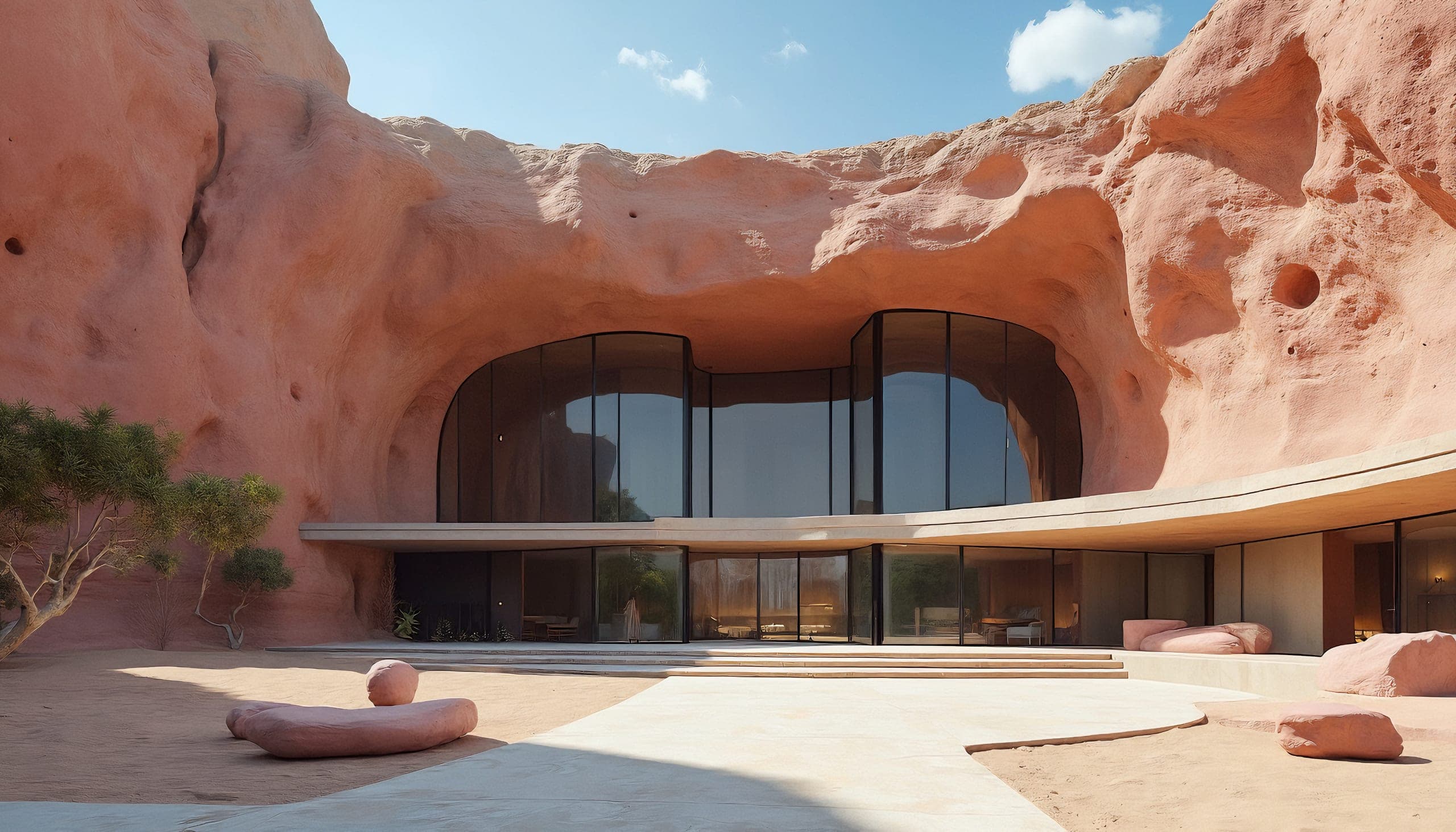 Glass facade under a rock arch