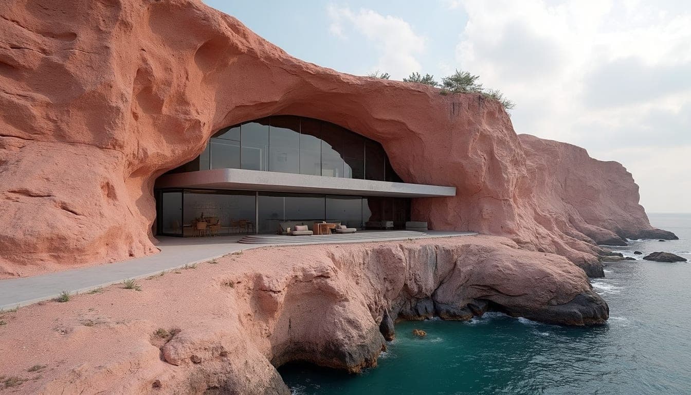 Cantilevered slab over a turquoise cove