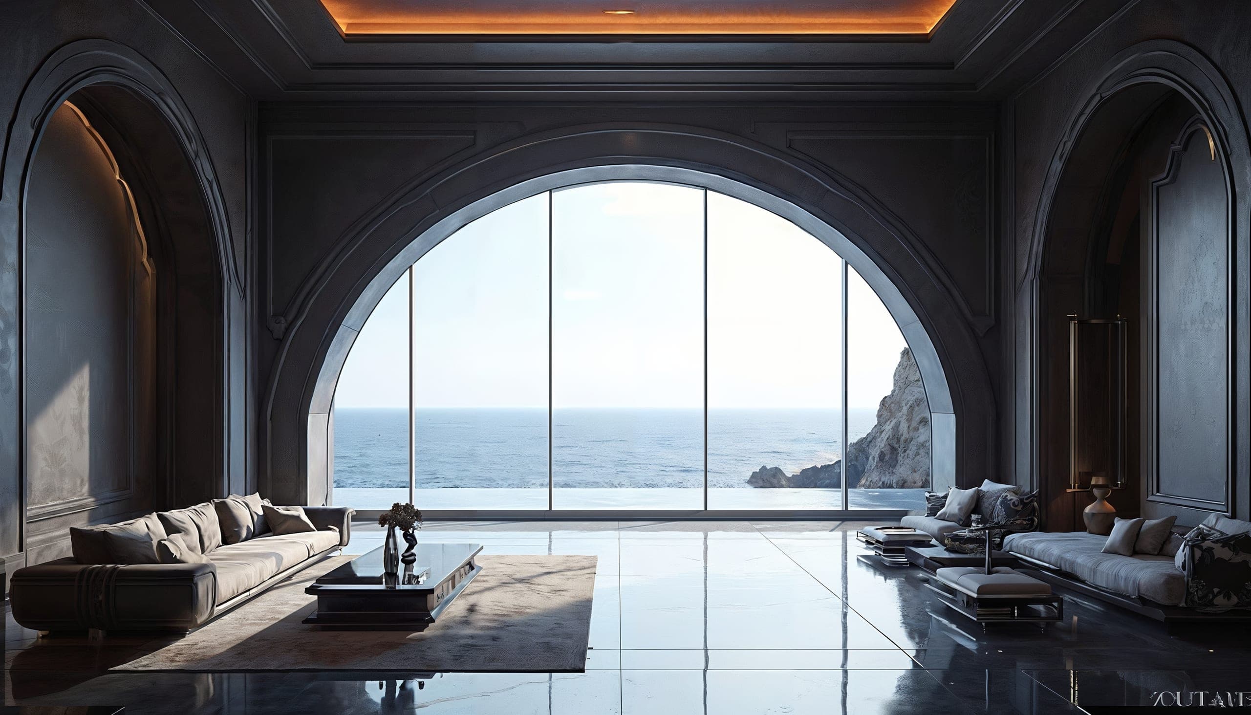 Black marble room with arch to the sea
