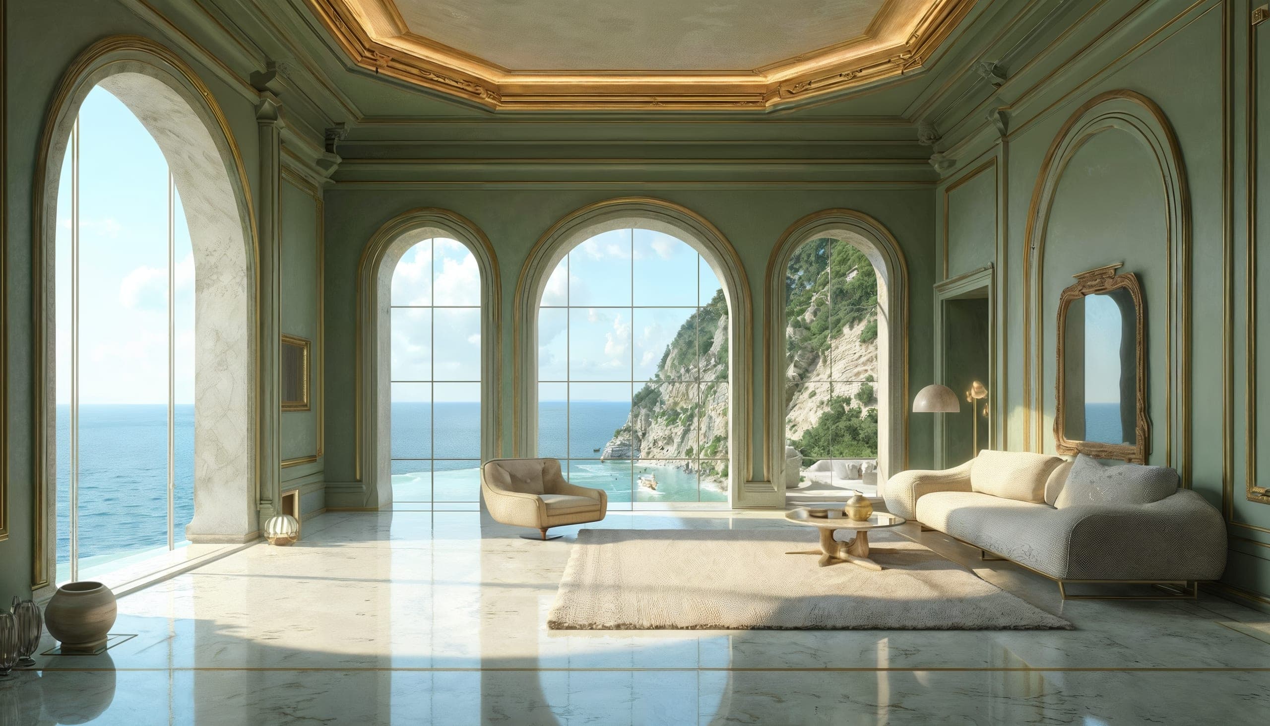 Celadon hall with arched windows
