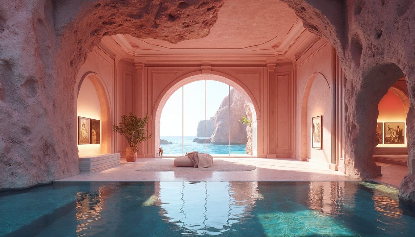 Arched hall with interior pool