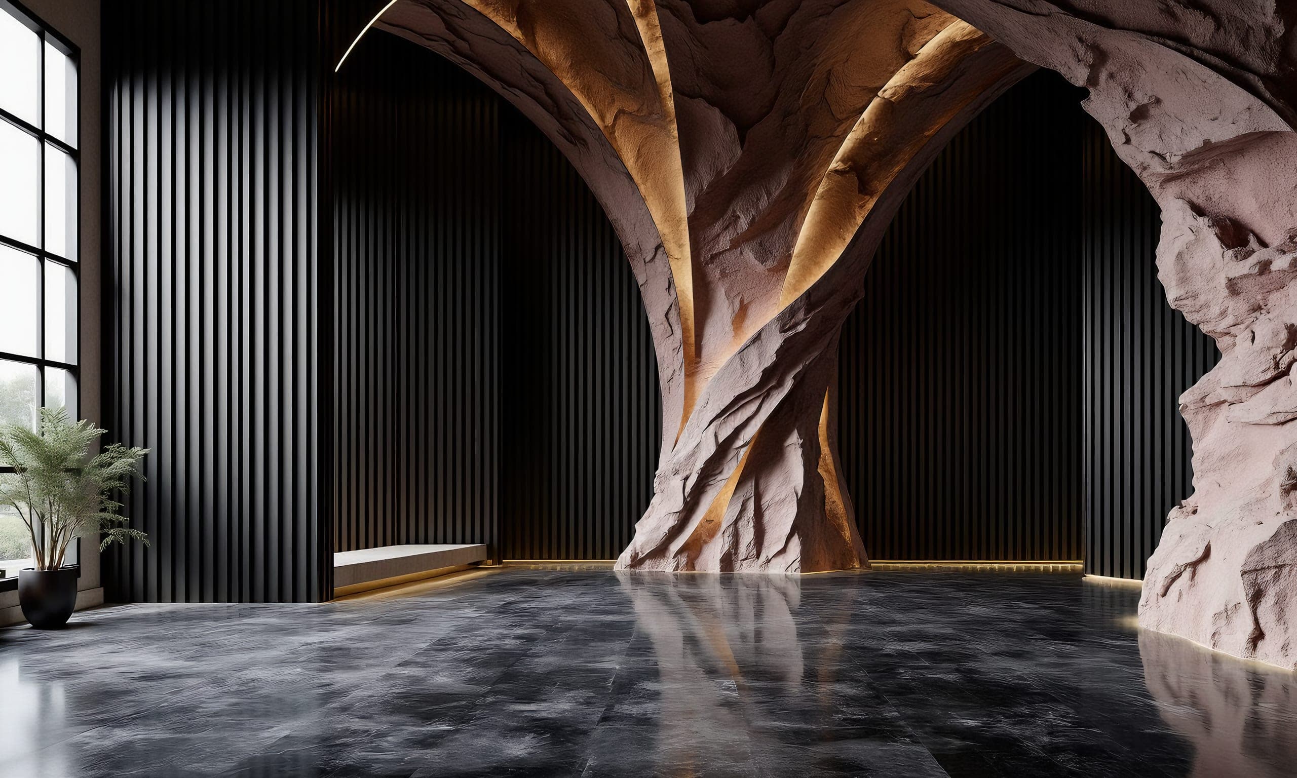 Rock column in a dark panelled hall