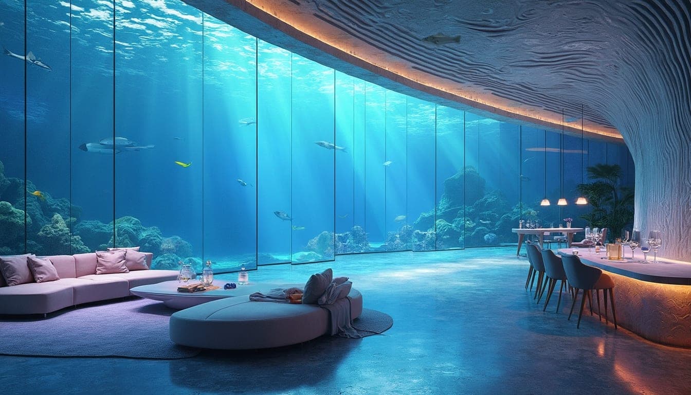 Bed facing an underwater window