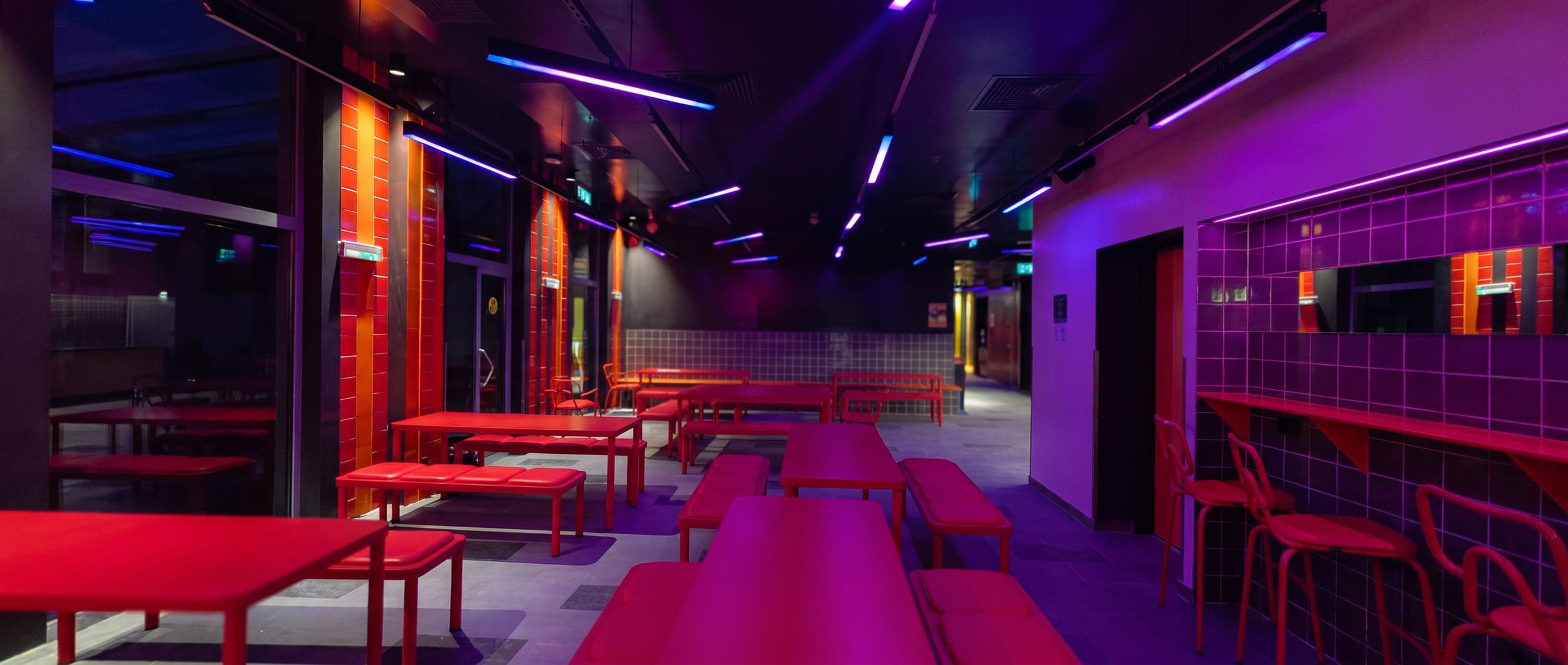 Dining room in a cool state, wide view