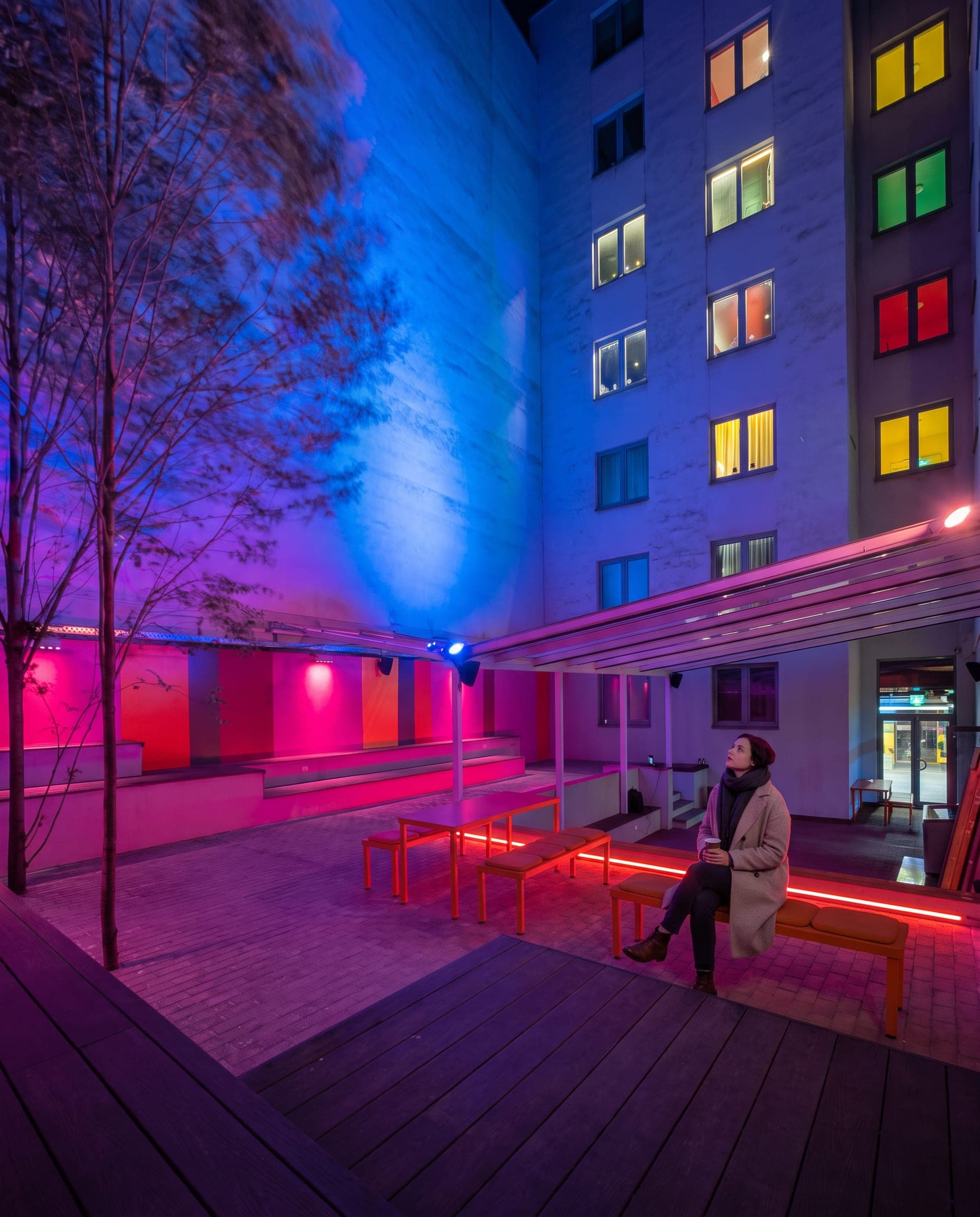 Terrace at night, portrait view